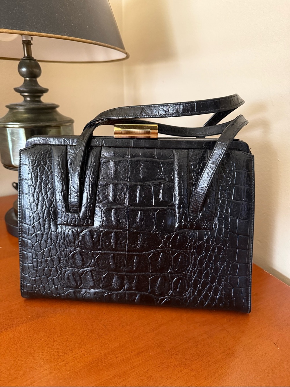 Vintage 1950s Mid Century Black Croc Style HandBag purse with Gold Accent